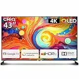 CHiQ Smart TV QLED 43 pollici 4K, Ampio spettro cromatico UHD con HDR, telecomando a controllo vocale, Chromecast integrato, Dolby Audio, DBX-TV, Bluetooth 5.0, Wi-Fi Dual Band