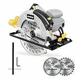 ENVENTOR Sega Circolare 1200W con Guida Laser, per Legno, 2 Lama da 185mm (24T&40T), 5800RPM,Taglio Massima:62mm (90°) e 42mm (45°),Motore Di Rame Puro,Inclusa Guida di Rip