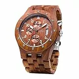 BEWELL Orologio Legno Uomo Cronografo Al quarzo con Cinturino in Legno Data Calendario Cronometro Luminosità Casual (Rosso)