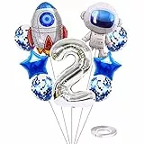 Kawailay Set di palloncini con astronauti per compleanno, decorazione per 2 anni, astronauti a razzo, in pellicola, argento, numero 2, palloncini in alluminio per bambini ragazzi, ragazze, compleanni