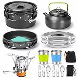 Odoland Pentole Kit da Campeggio, Set di Pentola e Padella Leggera e Antiaderente con Fornello Teiere Tazze in Acciaio Inossidabile Piatti Forchette Coltelli Cucchiai per Campeggio Trekking