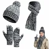 CheChury Berretto Donna in Maglia Caldo Sciarpa con Frange Cappello Cashmere Beanie Cappello Pom Pom Morbido Spesso 3 Dita Guanti Touch Screen Kit Accessori Caldi Regali Originali