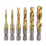 Fafeicy Punte Trapano Maschi Countersink Tap, 6 Pezzi Punte Trapano Filettatura Metrica HSS M3 M4 M5 M6 M8 M10 Esagonale Standard Titanio Tap Trapano