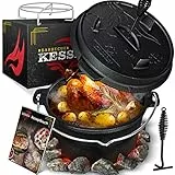 KESSER® Dutch Oven Set BBQ da 7,3 litri, casseruola con sottopentola in acciaio inox, pentola in ghisa con sollevatore per coperchio, manico e fessura per temetro