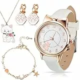 Patelai Set di Gioielli Placcati in Argento Orologio da Polso con Motivo a Gatto Collana con Ciondolo a Forma di Gatto Orecchini con Clip Pendenti di Gatto Braccialetto per Bambini 8 Anni (Bianco)