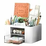 LONNEY Organizer da Scrivania Portapenne Portaoggetti da Scrivania Archiviazione Multifunzione per Ufficio 5 Scomparti in Plastica con Cassetto per Ufficio, Casa, Scuola (bianco1)
