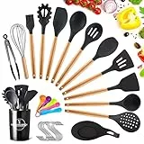 TOPSEAS Utensili Cucina Set,Utensili da Cucina(14 Pezzi),Manico in Legno Duro Utensili da Cucina Termoresistenti Professionali Resistente al Calore e Antiaderente Strumento di Cottura
