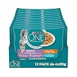 PURINA ONE Umido Gatto Filettini in Salsa Sensitive con Pollo e Carote, con Tonno e Carote - 48 Buste da 85 g Ciascuna (12 Confezione da 4 x 85 g)