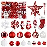 SOLEDI Set di 128 Palline di Natale - Accessori Decorativi per L'Albero di Natale - addobbi Natalizie in Rosso e Bianco - Diverse Forme di Palline ed Un Puntale per Albero di Natale
