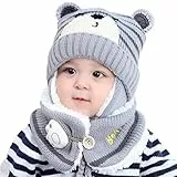 NLAND Cappello con Sciarpa per Bambini Bambino Berretto a Maglia con Protezione e Sciarpa Berretto Invernale Adatto a Ragazzi e Ragazze per 6-24 Mesi (Grigio,Taglia Unica)
