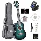 WINZZ Ukulele da concerto vintage hawaiano con borsa, accordatore, tracolla, corde extra, adesivo per tastiera, 23 pollici, ciano scuro