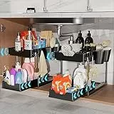 2 Pezzi Organizer Sottolavello Cucina 2 Livelli, Scorrevole Portaoggetti Sottolavello, Scaffale Estraibile per Lavello con 8 Ganci 4 Tazze Sospese, Organizzatore Sottolavello per Bagno Cucine, Nero