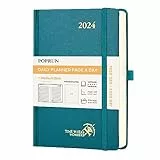 POPRUN Agenda 2024 Giornaliera A5 con Copertina Rigida - 1 Giorno 1 Pagina con Intervallo Orario e Angoli a Strappo, Carta Avorio da 80 gsm Certificata FSC®, Verde Pacifico