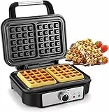 Piastra Waffle, Tiastar Macchina per Waffle a 2 fette, Piastra per Waffle 1000 W, Macchina per Waffle Elettrica, Temperatura Regolabile, Rivestimento Antiaderente, Acciaio Inox