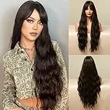 HAIRCUBE Lungo Curly/Wave con Bangs Parrucche per le Donne Natura Resistente al calore Fibra sintetica Parrucche con Pony Cosplay quotidiano (tè nero/marrone scuro)