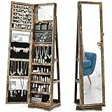 COSTWAY Armadietto Portagioielli Autoportante Girevole con Specchio, Specchio a Figura Intera Organizzatore per Gioielli, Porta Richiudibile a Chiavi, 161x39x39cm (Marrone)