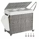 SONGMICS Cesto Portabiancheria con Coperchio, 160L, Cesta Biancheria in Rattan Sintetico con Ruote, 3 Scomparti, Sacco Rimovibile, Lavanderia Camera da Letto, 70 x 36 x 66 cm, Grigio LCB365G01