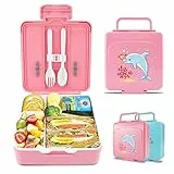 Carastek Portapranzo Posate Bambini, 1300ml Lunch Box con 4 Scomparti Bento, Contenitore Pranzo con Barattolo per Cucchiaio/Forchetta, Prova di perdite, Adatto al Microonde/Lavastoviglie (Rosa)