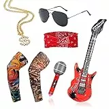 VIKSAUN 7 Pezzi Costume Rock Accessori, Accessori Costume Punk Anni '70 '80 '90 Kit, Accessori Punk Gotico, Vintage Rosso Cerchietto Tatuaggio Braccio Maniche Gonfiabile Chitarra Microfono (7 Pezzi)