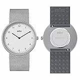 Braun Orologio al quarzo analogico a 2 lancette, quadrante bianco, cinturino in maglia di acciaio inossidabile con cinturino aggiuntivo in gomma siliconica grigia, 38 mm, modello BN0281WHMHGYG.