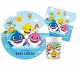 Kit Party Tavola Baby Shark per 8 Persone (36 Pezzi: 8 piatti Ø18cm, 8 bicchieri 200ml, 20 tovaglioli 33x33cm) in carta compostabile eco-friendly