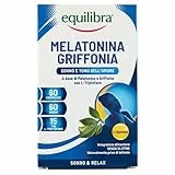Equilibra Integratori Alimentari, Melatonina + Griffonia, Integratore a Base di Melatonina e Griffonia, Contribuisce a Ridurre il Tempo di Addormentamento, Favorisce il Rilassamento, 60 Compresse