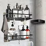 LOVICVKEM Tre Pezzi Mensola da Doccia,Senza Foratura Portaoggetti per Bagno da Parete, porta sapone bagno con 4 Ganchos y pegatinas, per bagni e cucine, mensola doccia senza foratura,nero