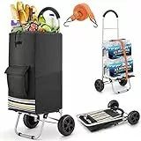 wilbest® Carrello Portaspesa, 2 en 1 Pieghevole Carrello Spesa & Carrello a Mano, con Borsa Impermeabile Rimovibile-Capacità 75L/50kg & Cordino Elastico Regolabile, 2 Grandi Ruote Silenziose, Nero