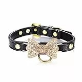 LOVPE - Collare in pelle dorata con diamanti, con anello per etichette per cani di piccola taglia, collare regolabile per cuccioli.