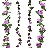 Zerodeco 4 Pezzi Artificiale Rose Seta Fiore con Foglia di Vite plastica Appeso Vite Ghirlanda Artificiale Flora Corona per la casa Yard Fence Wedding Garden Decorazione - Viola e Lilla