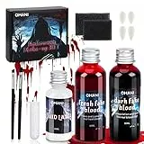 OMANI Sangue Finto Set Trucchi Halloween, 60ML Sangue Fresco, 60Ml Sangue Finto Rosso Scuro Lavabile, 30 ML Lattice Liquido, 2 Denti Zombi, 2 Spugne, 2 Pennelli, Makeup Cicatrici Vampiro Ferite