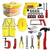 deAO Kit di Attrezzi e Scatola Portatile Giocattolo da 33 Pezzi per Bambini Include Trapano, Casco, Gilet e Altri Accessori.