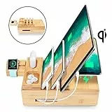 AICase Bamboo stazioni di multi-dispositivo, organizzatore di docking station da tavolo in legno con caricatore USB a 5 porte per cellulare/tavoletta/airpod/supporto per apple watch, ricarica wireles