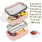 Bugucat Lunch Box 1400ML,Bento Box con 2 Contenitori e 2 Divisorio Porta Pranzo con Posate per Microonde e Lavastoviglie per Adulti e Bambini,Portapranzo per Scuola lavoro Ufficio Meal prep Rosa
