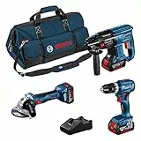 Bosch Professional Kit GSB 18V-45 + GBH 18V-21 + GWS 18V-7 (125) (incl. 3 batterie GBA 18V da 4.0 Ah, caricabatteria GAL 18V-40, in borsa degli attrezzi) - Set Amazon Exclusive