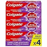Colgate Dentifricio Sbiancante Max White Purple Reveal 4 Confezioni da 75 ml I Per Denti Bianchi I Sicuro Per Lo Smalto I Contiene Fluoro I Sbiancamento denti I Bianco naturale