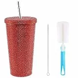 BFYDOAA Bicchiere con Borchie Diamantate 500ML Tazze Isolate a Doppia Parete con Cannuccia e Pennelli, Tazza da Viaggio con Strass Bling per Regalo da Donna(Rosso)