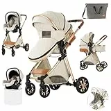3 in 1 Sistemi Modulari Carrozzine Passeggini Compatti Passeggino Neonato Carrozzina da Viaggio Portatile Pieghevole Royal Luxury High Landscape Carrozzina per Bambini (225 Creamy White)