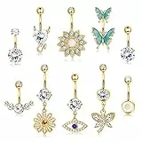 KALVICA 10 Pezzi 14G Ombelico Anelli in Acciaio Inossidabile per Donna Ciondolo Pancia Ombelico Anelli con Cubic Zirconia Fiore Farfalla Malocchio Ombelico Piercing Belly Piercing Set