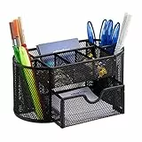 Relaxdays Organizer da Scrivania da Ufficio, con Portapenne e Cassetto, Rete in Acciaio, HxLxP: 10,5x22x11cm, Nero