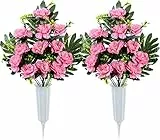SIFOEL Fiori artificiali commemorativi del cimitero, 2 fiori artificiali di peonia con vaso per decorazione cimitero cimitero (Pink)