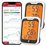 ThermoPro TP358-2 - Termometro igrometro Bluetooth interno per interni, set da 2 pezzi, ora 0,2 °C, misuratore di umidità dell'aria con registrazione, termometro interno per camera da letto