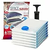 Spacesaver Premium Sacchetti Sottovuoto, 80% in più di Stoccaggio, Pompa a Mano per Viaggio, Doppia Chiusura, Tripla Valvola Turbo-Guarnizione per il Massimo Risparmio di Spazio-Grandi 6 Pezzi