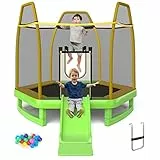 COSTWAY Trampolino Elastico per Bambini 223 cm, Tappeto Elastico per Bambini da Esterno ed Interno con Rete, Palline, Scivolo e Scaletta, Trampolino per Bambini 3+ Anni, Portata 270 kg