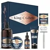 King C Gillette Kit Regalo Gold Per Cura Barba Uomo, Rasoio di Sicurezza + 15 Lamette + Detergente, Balsamo e Olio per Barba e Viso + Gel da Rasatura, Regalo, Blu