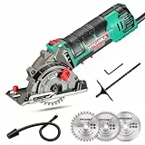 Sega Circolare, HYCHIKA 500W Mini Seghe Circolare 4500RPM, Profondità di Taglio: 0-25MM,Tubo per Aspirapolvere, 3* Lame adatto per Legno, Plastica, Metallo Morbido e Diamante