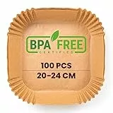 PORTENTUM Carta forno per friggitrice ad aria 100 pezzi Food-Grade BPA Free 20 x 20 x 4,5 cm Carta Air Fryer Quadrata - Ideale per una cottura sana