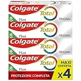 Colgate Dentifricio con Ingredienti Antibatterici Total Original, 24h di Protezione di Denti, Lingua, Guance e Gengive, 4 x 75 ml, (l'imballaggio può variare)