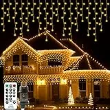 AxiwoIntl Luci Natale Esterno Cascata - 15M 600LED Catena Luminosa 8 Modalità con Telecomando Impermeabile Tenda Luminosa Esterna Bianco Caldo Decorazione Giardino Balcone Gronda Feste Matrimoni