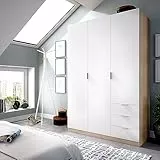 Dmora - Guardaroba Cimone, Mobile appendiabiti per camera da letto, Armadio a 3 ante battenti e 3 cassetti, 121x52h184 cm, Bianco e Rovere